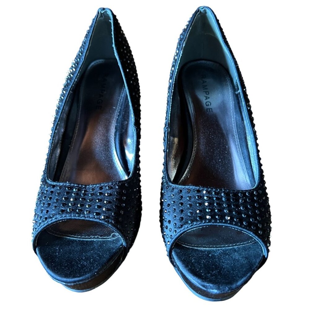 Rampage Black Studded Satin Peep-Toe Platform Heels Womens Size 8 Elegant Party - Picture 2 of 6
